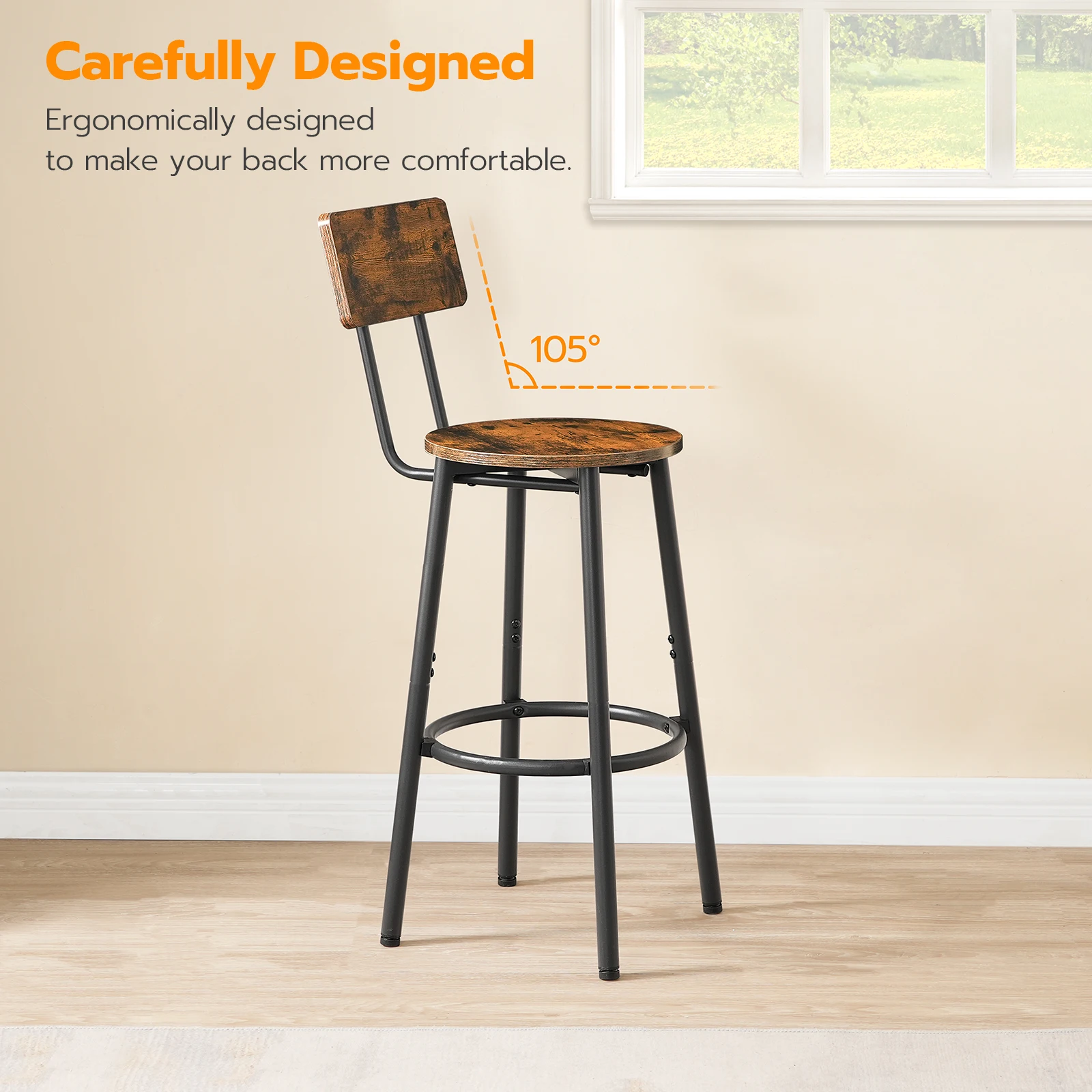 Bar Stools Set of 2 Breakfast Bar Stools Kitchen Stools with Backs and Footrest High Bar Chairs for Dining Room Party