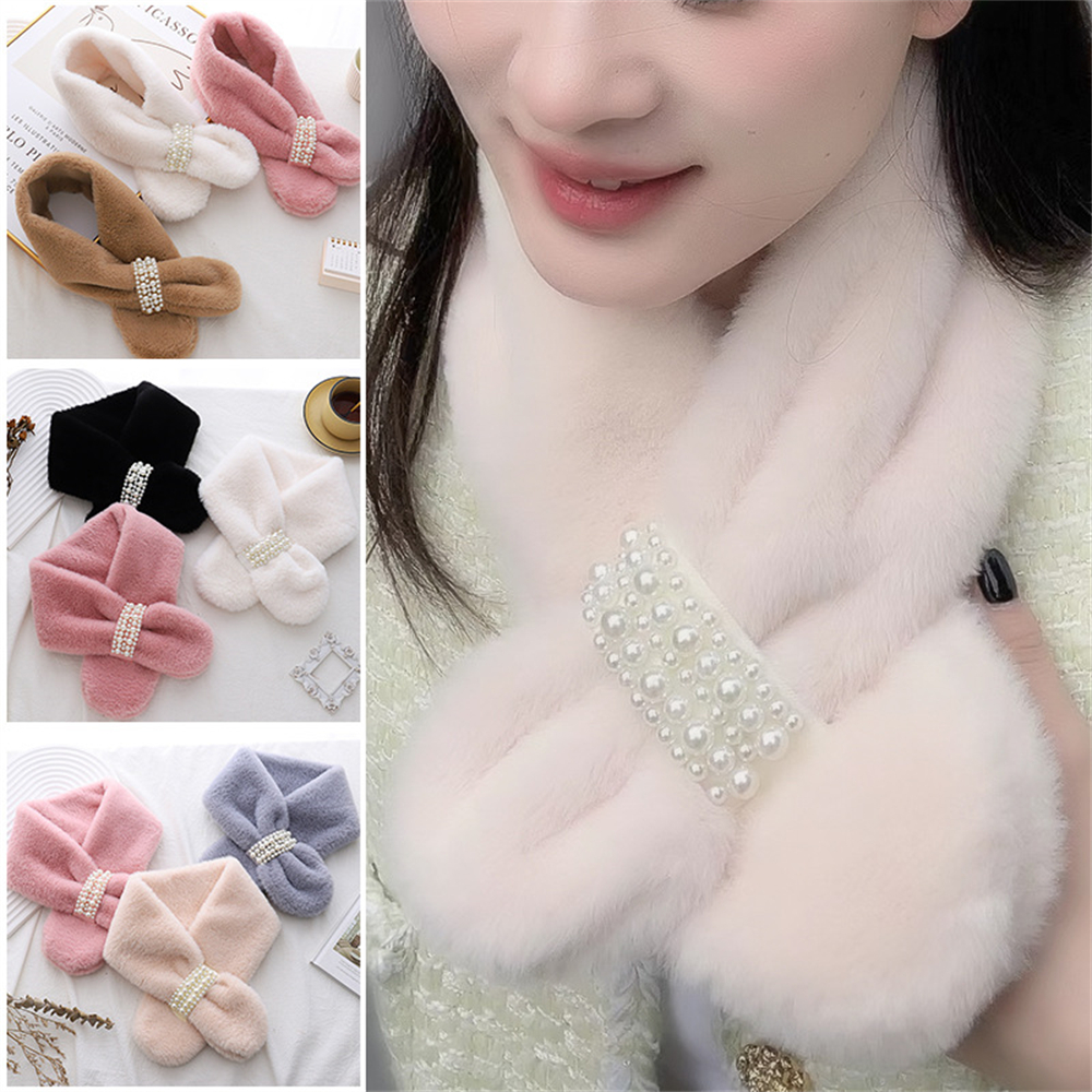 Bufanda de perlas invierno nuevo estilo versión coreana gruesa de lana de calentamiento cruzado cuello tipo conejo