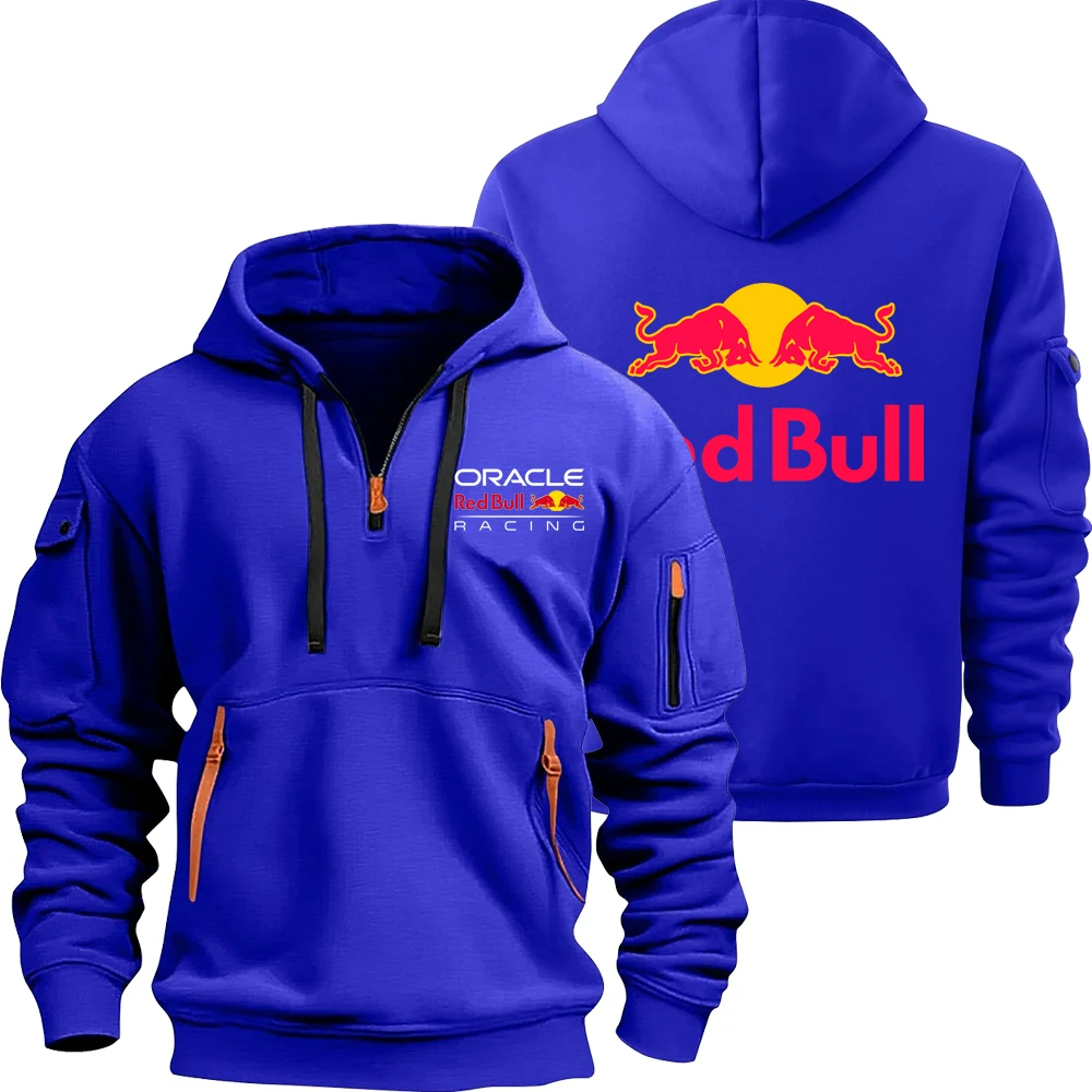 Red bull logotipo da equipe de corrida da motocicleta dos homens meio zíper moletom com capuz primavera outono masculino 2025 nova moda pulôver roupas topos