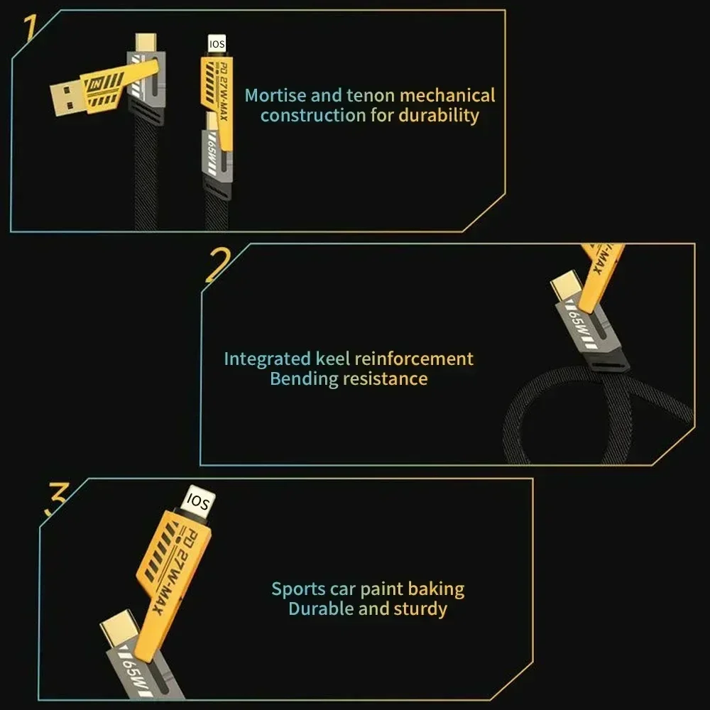 65W Multifunctional USB Data Cable 4 in 1 Type C Fast Charging Cord For iPhone 15 14 Pro Max Xiaomi 14 Samsung Type C Data wire
