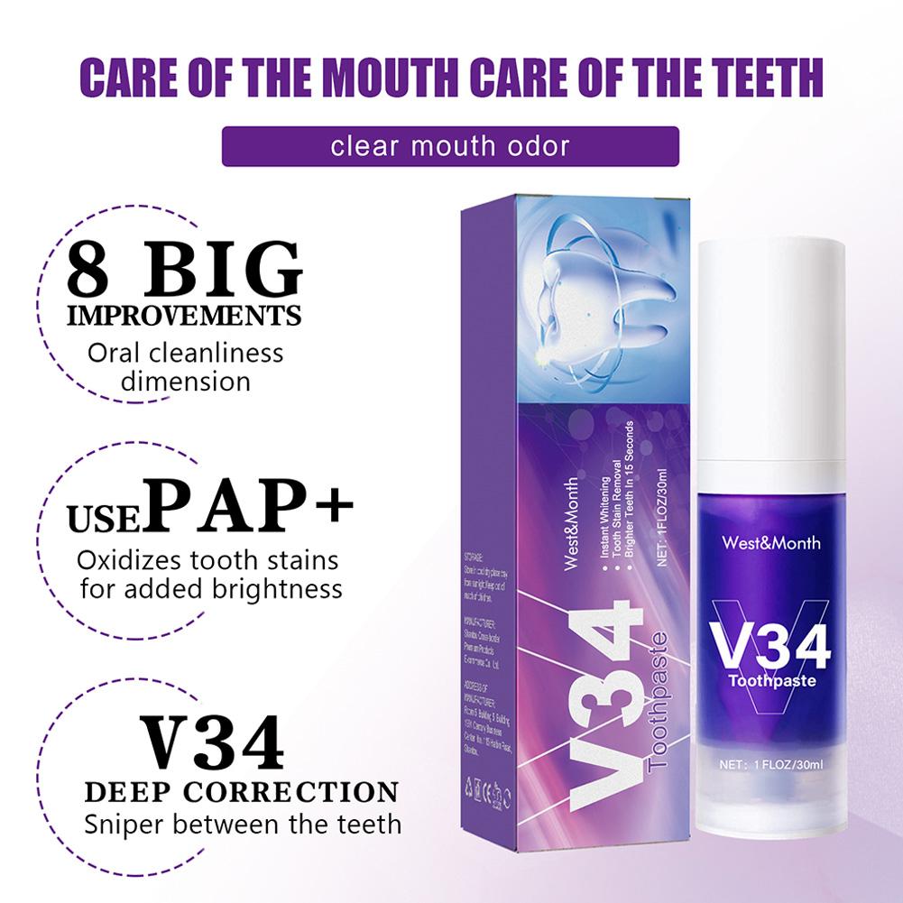 V34 pasta de dientes blanqueadora púrpura eliminación de manchas de dientes limpieza higiene bucal blanqueamiento herramientas dentales aliento fresco cuidado de los dientes 30ml