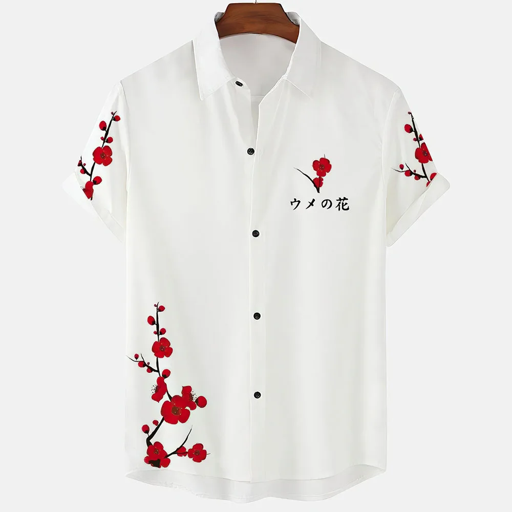 Camisa Social de lujo a la moda para hombre, camisa con botones y solapa, Tops informales de manga corta con estampado de flor de cerezo estética japonesa
