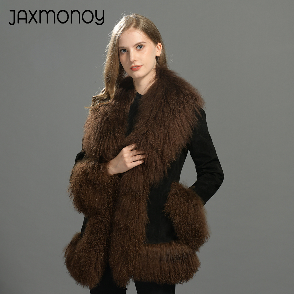 Jxwatcher veste en cuir pour femme garniture en fourrure de mouton mongole manteau en cuir suédé véritable dames hiver chaud veste en cuir véritable automne