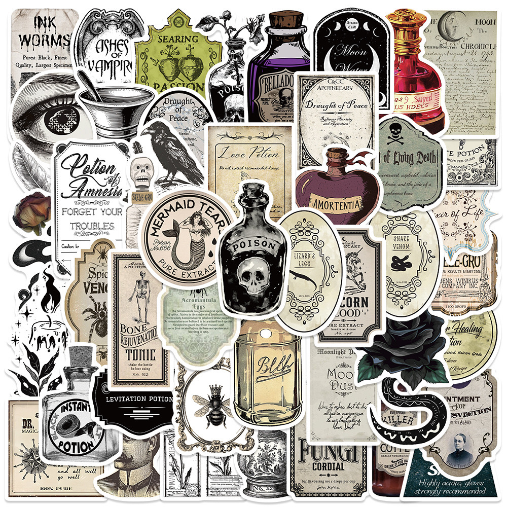 Etiquetas adhesivas para botellas de poción Vintage de Halloween, calcomanías góticas de terror Retro, maleta, álbum de recortes, pegatina para ordenador portátil, 10/50/100 Uds.