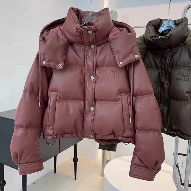 2025 女性の Pu スキンダウンコットンジャケット多用途フード付き女性の冬のパーカーコートファッション学生レディース綿パッド入りアウター