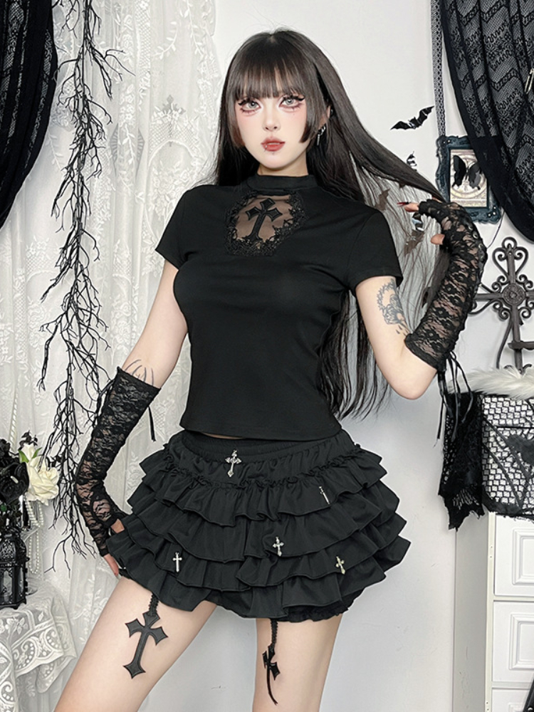 AltGoth Mall 여성용 고스 케이크 반바지, 핫스위트 Y2k E-girl 하라주쿠 크로스 펜던트 퀼로트, 미적 페어리코어 귀여운 카와이 반바지