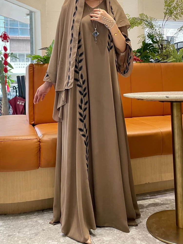 Eid muçulmano abaya para mulheres vestido bordado com cachecol 2 peça conjunto dubai árabe longo robe marrocos abayas kaftan lenço lindo