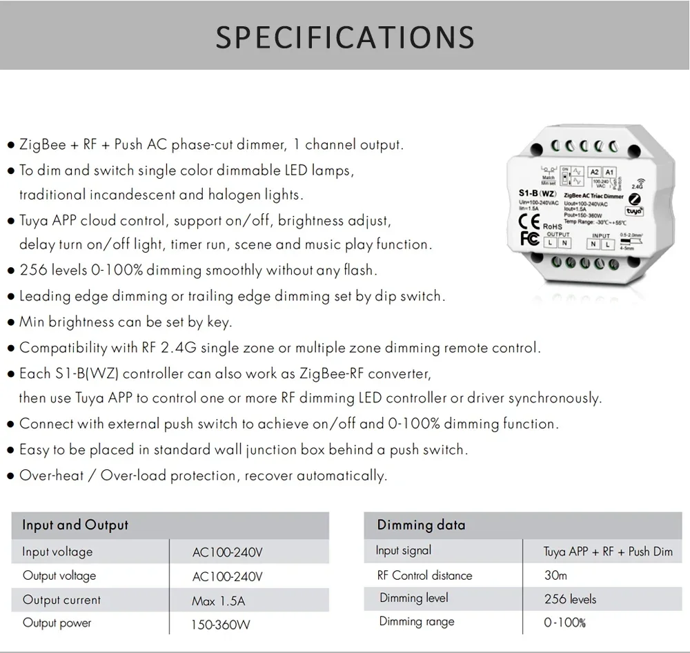 Zigbee Triac LED Dimmer 220V AC 110V 230V Tuya Smart Switch Controller WIFI Wireless RF 2.4G Remote for Single Color Bulb Lamp
