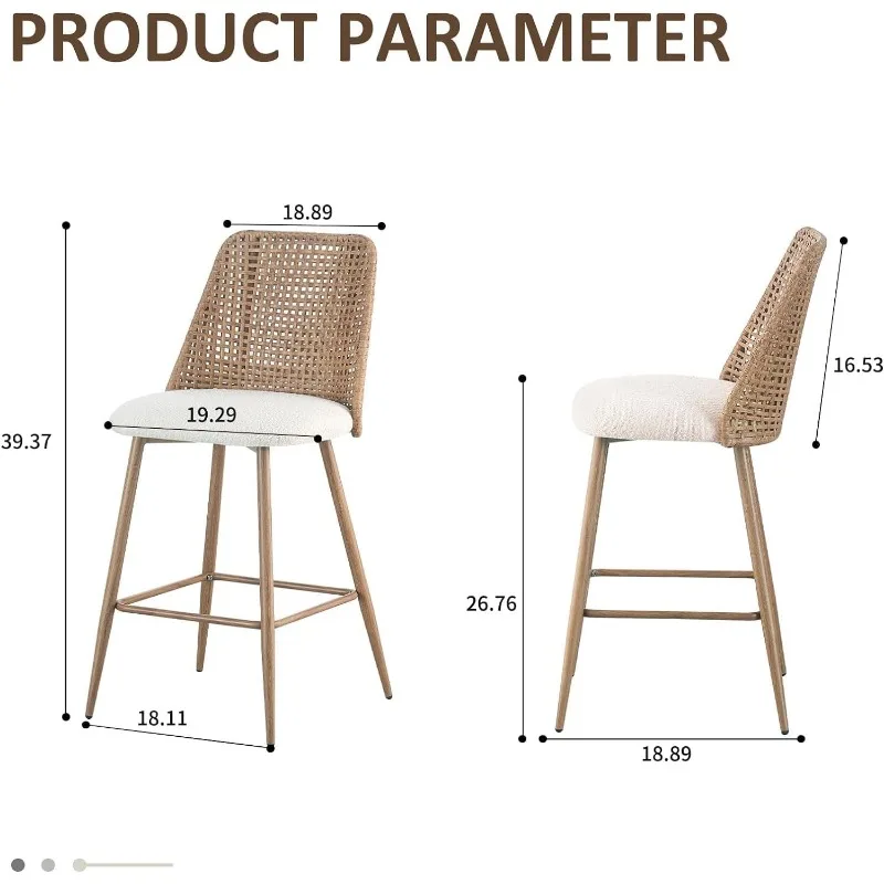 Rattan Counter Height Bar Stools Set of 2, 26" Boucle Fabric Upholstered Barstools with PE Rattan Cane Back, Bar Chairs Counter