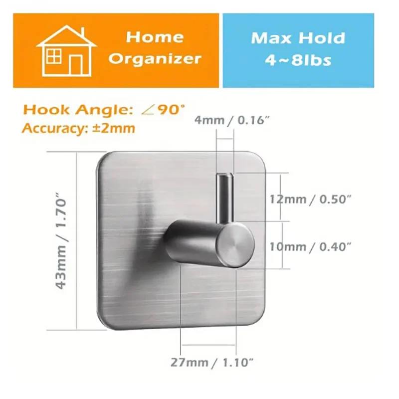 4Pcs Adhesive Heavy Duty Wall Hook Waterproof Stainless Steel, Mounting - Bathroom and Bedroom