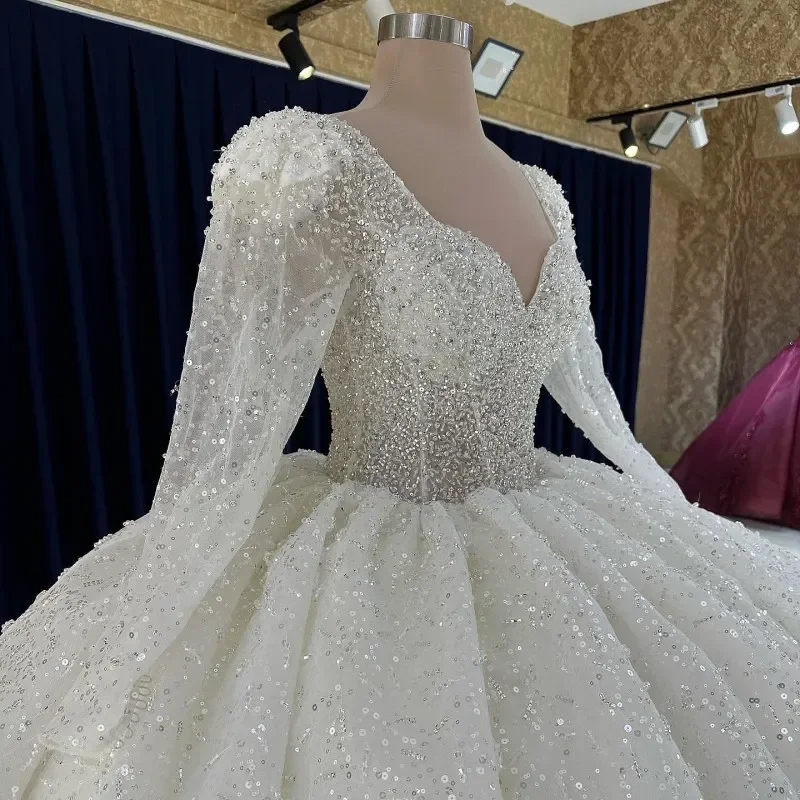 Robe De mariée blanche personnalisée, col en cœur, manches longues, dentelle pailletée, Robe De luxe, 2025