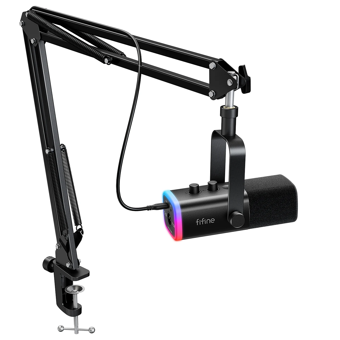 Kit de microfone para jogos FIFINE XLR/USB com entrada para fone de ouvido/mudo/RGB/suporte de braço, conjunto de microfone dinâmico para PC PS5/4 Mixer AmpliGame AM8T