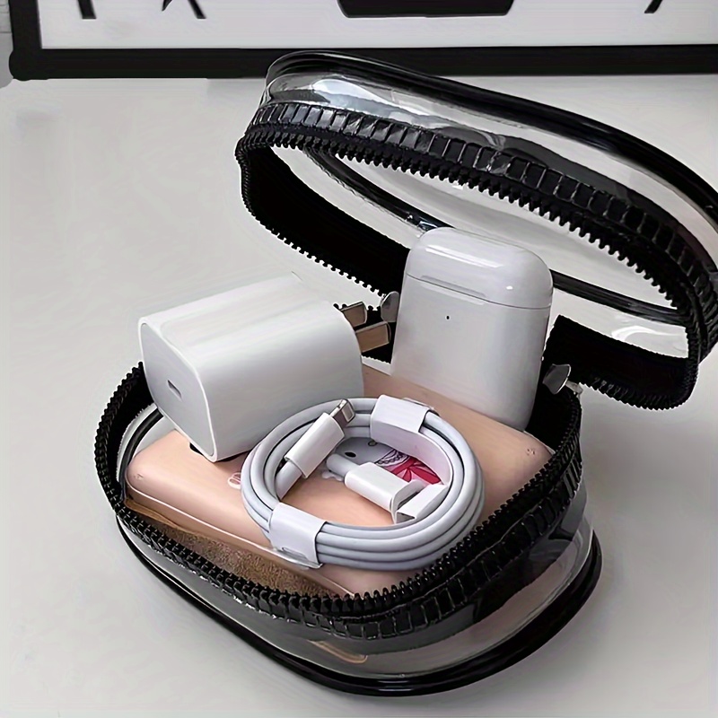 Mini auriculares multifunción portátil y bolsa de almacenamiento de cargador, cremallera transparente, ahorro de espacio, anillo de llavero conveniente
