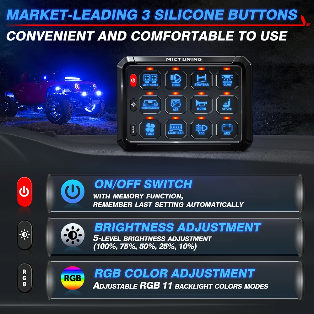 Mictuning-Panel de interruptor RGB de 8/12 entradas, barra de luz Led de trabajo, controlador de caja de interruptores para coches universales, camiones, barcos, UTV, 4X4, 4WD