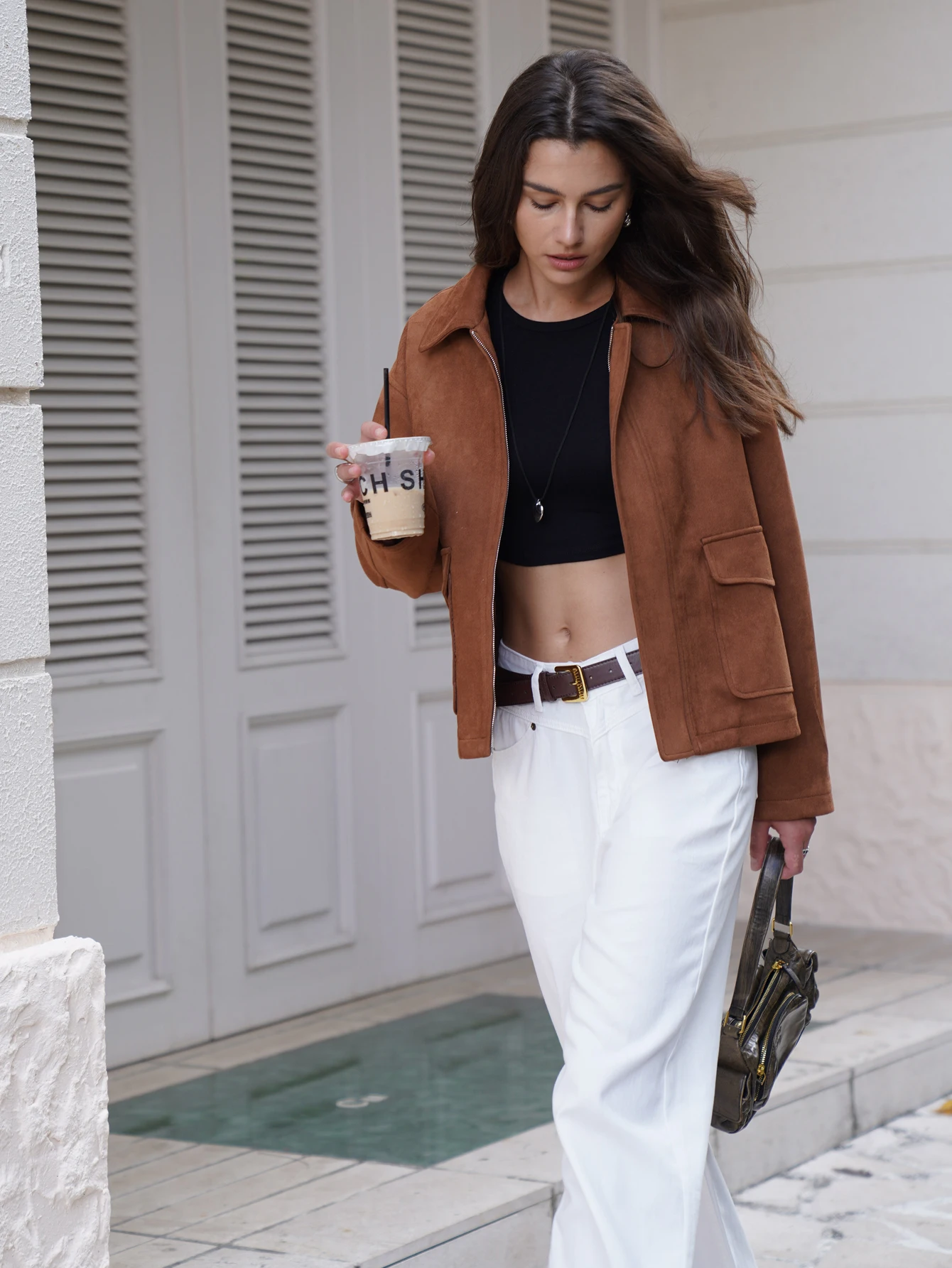 ใหม่ 2025 ฤดูใบไม้ร่วง/ฤดูใบไม้ร่วงผู้หญิงแฟชั่น Basic สั้น Suede กระเป๋าเสื้อแจ็คเก็ตและ Coat