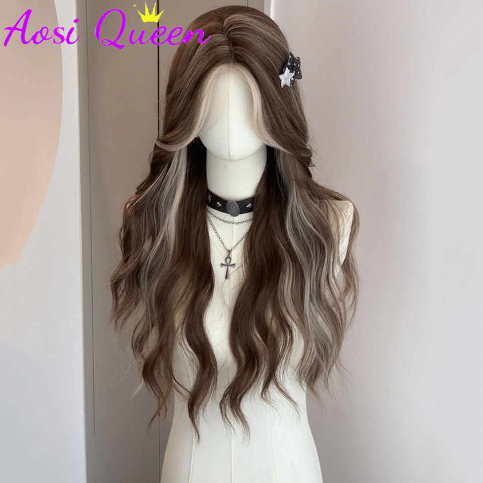 AosiQueen ブラウンブロンドロング波状合成かつら中間部ナチュラルウィッグ耐熱コスプレパーティー毎日の髪のかつら女性のための