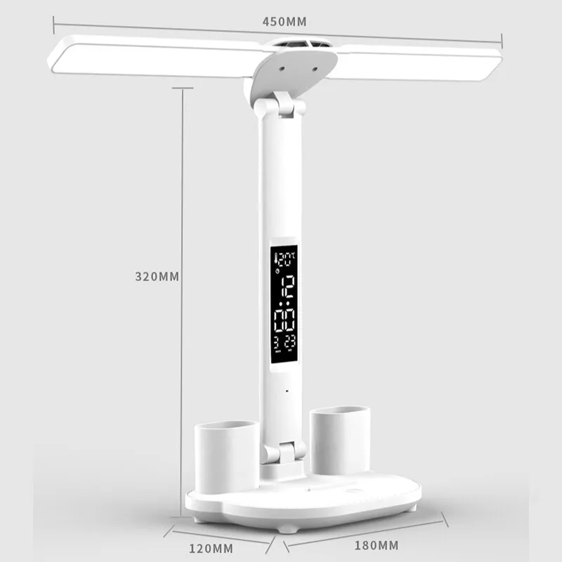 Lámpara de mesa con reloj LED, lámpara de escritorio regulable recargable por USB, 2 cabezales, rotación de 180, protección ocular plegable, luz nocturna de lectura