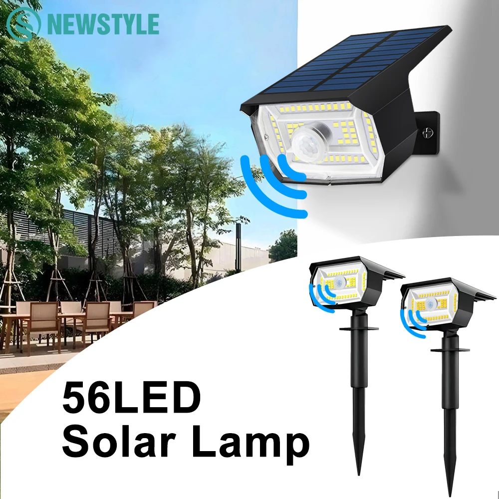 Focos solares para paisaje de 56 LED, Sensor de movimiento impermeable para exteriores, 3 modos, luces alimentadas por energía Solar para pared, patio, porche y camino