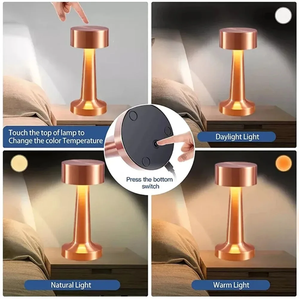 Lámpara de punto táctil recargable de Metal de 1200mAh, lámpara LED para decoración de mesita de noche, restaurante, Bar, escritorio, iluminación de ambiente, luces nocturnas
