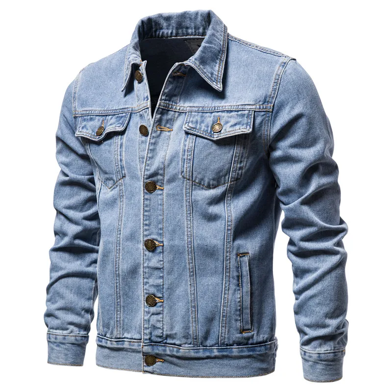 2025 otoño hombres chaquetas de mezclilla sólidas moda motocicleta Vintage Jeans chaquetas Hommes Slim Fit algodón Casual negro azul abrigos
