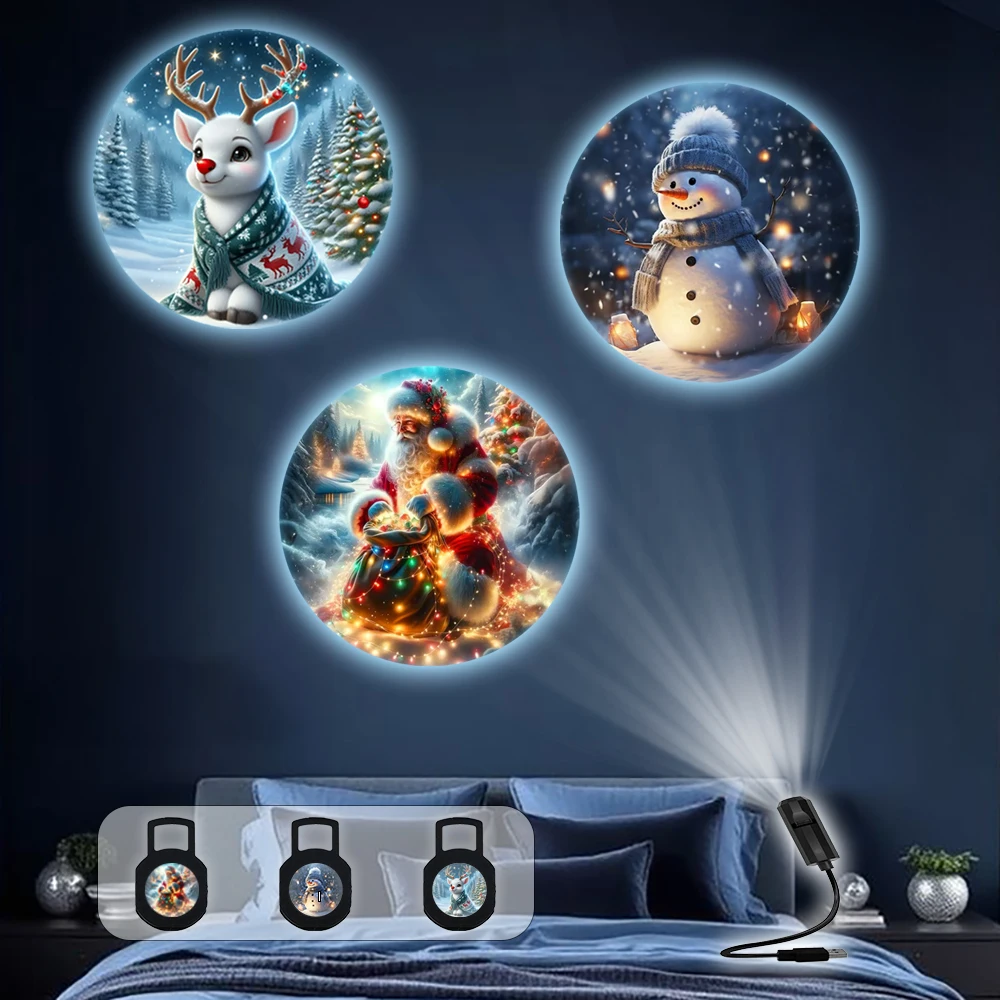 USB Christmas projection light, Christmas deer, Santa Claus, snowman, three light pieces can be switched, creative holiday gifts