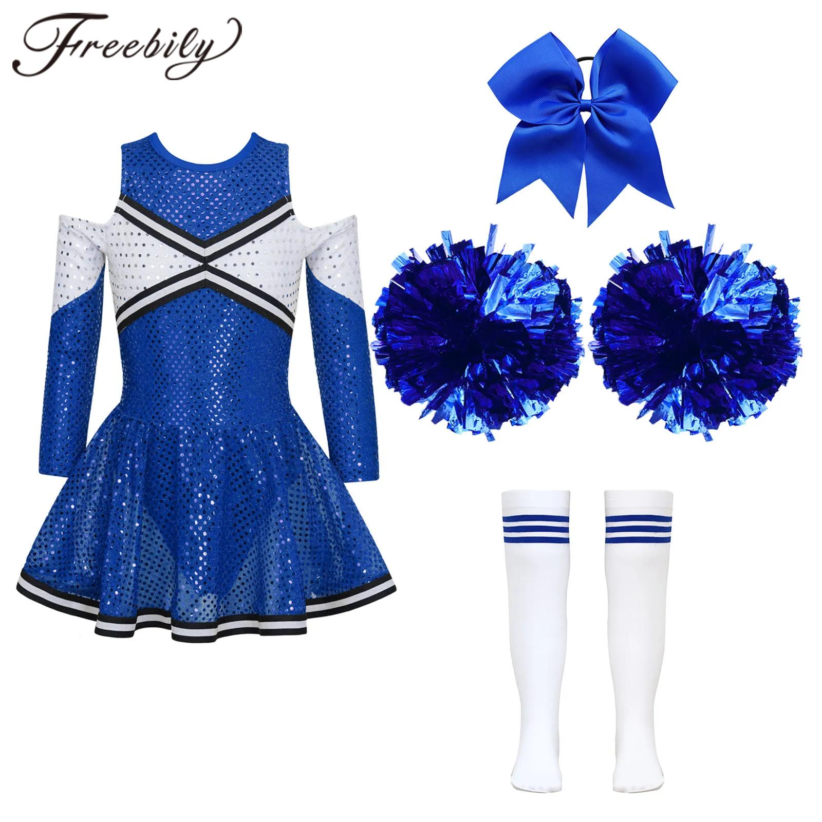 Kinder Cheerleading Tanz Outfits Kinder Mädchen Pailletten Cheerleader Uniformen Kleid mit Hand Blumen Socken Cheerleader Kostüm