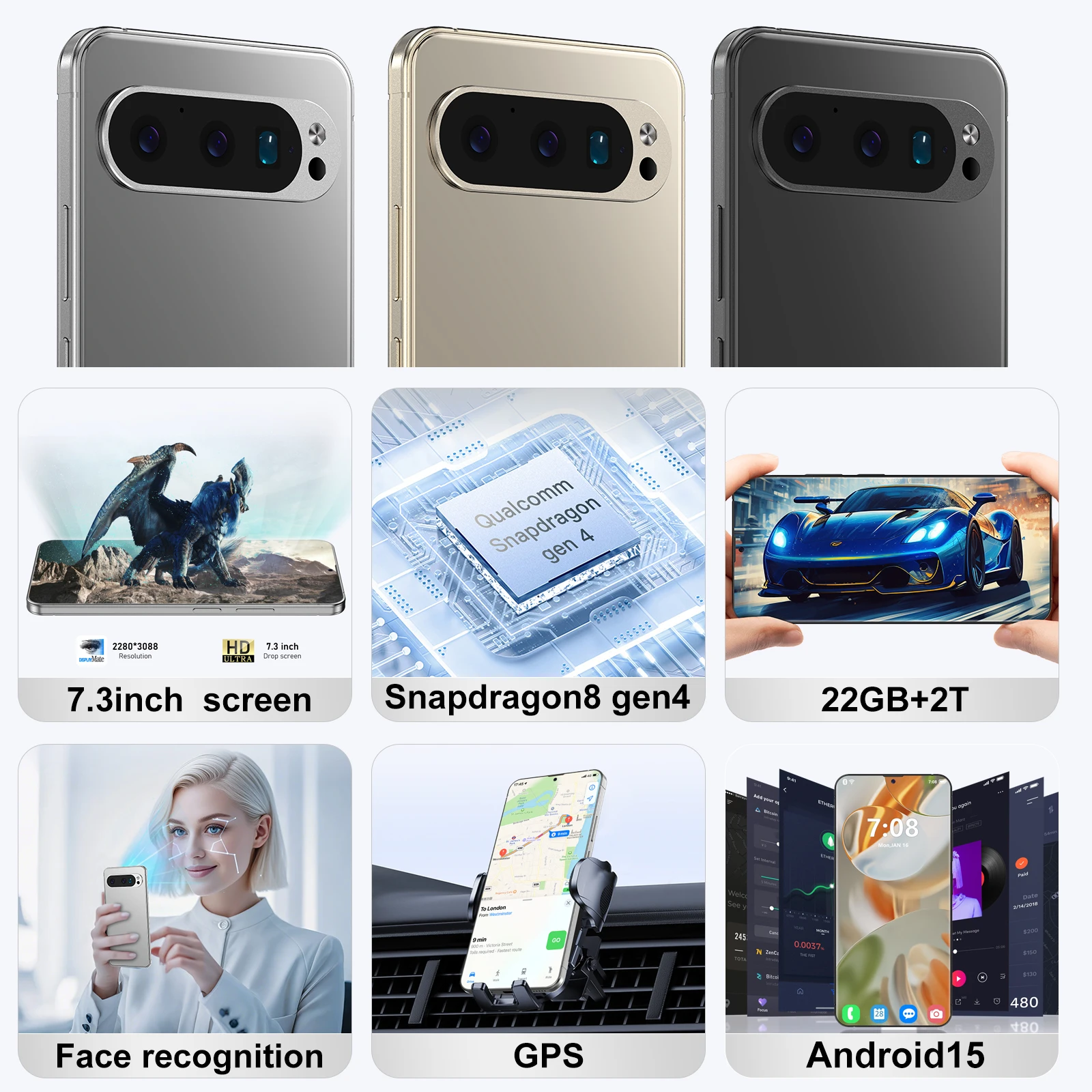 Smartphone Android Pixel 9 Pro XL, 7.3 FHD, 22G, 2TB, 8800mAh, 78 + 108MP, 4G, Rede 5G, Desbloqueado, Versão Global, Original