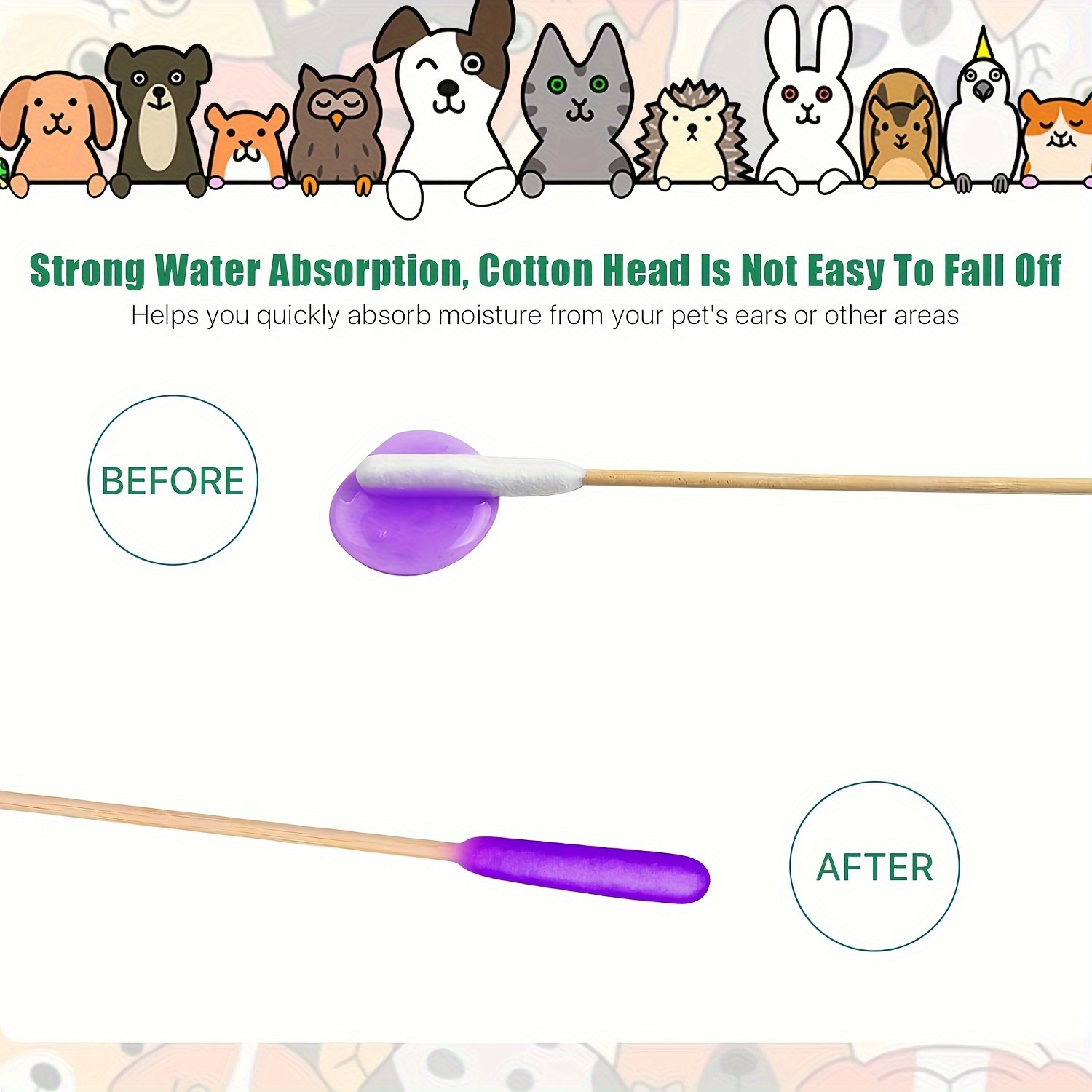 50/100/250/300/400/500/1000 Uds hisopos de algodón para mascotas, hisopo de algodón largo desechable con mango de madera para limpieza de orejas de perros y mascotas