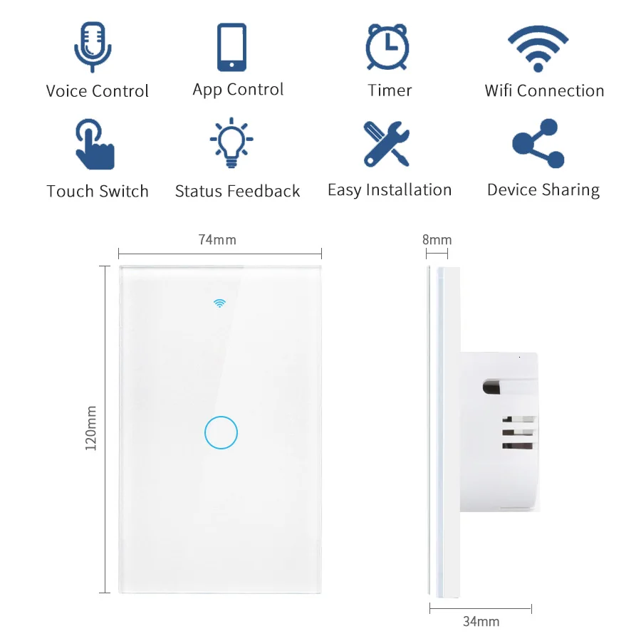 Interruptores inteligentes Tuya, cable neutro estadounidense/no requiere cable neutro, 1/2/3/4 entradas, Interruptor táctil WiFi, funciona con Alexa y Google Home