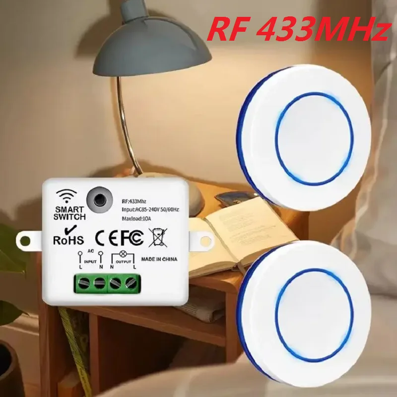 Interruptor de luz inalámbrico de 433MHz, disyuntor de relé de 10A, Control remoto, 220V, 110V, Mini interruptor de pared de botón redondo para lámpara LED para el hogar