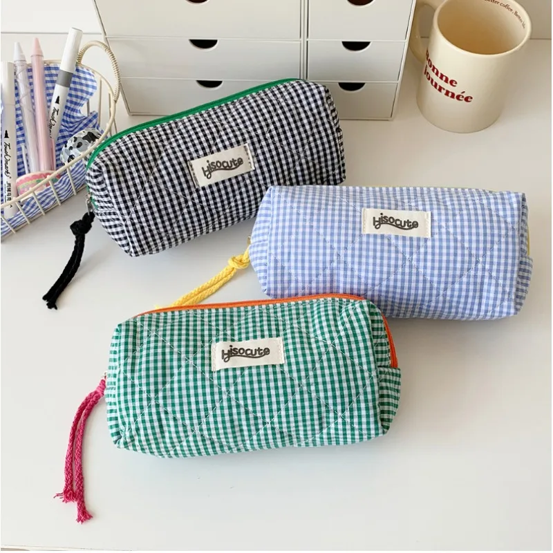 Astuccio per matite a quadretti con blocco colore 1PC, borsa per cancelleria per ragazze, cosmetici di grande capacità e borsa per riporre oggetti vari