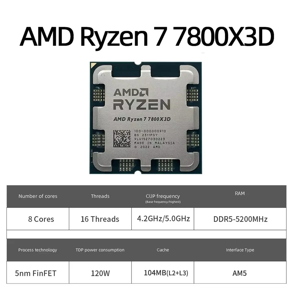 AMD RYZEN 7 7800X3D CPU Processore di gioco AMD R7 7800X3D 8-Core 16-Thread 5NM 96M Socket AM5 Senza ventola Cache di gioco Hot No Fan