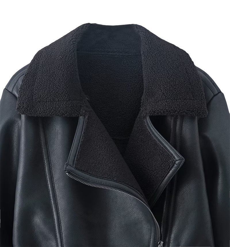 ฤดูใบไม้ร่วงฤดูหนาวผู้หญิงอบอุ่นสีดําซิปเสื้อหนัง Faux เสื้อหลวมเปิดลงปกความหนา Overcoat หญิง Outwear