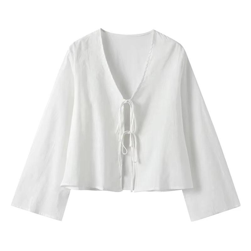 เรา.FineหลวมLace Up Bowเสื้อผู้หญิงElegant VคอยาวFlare Sleeve Lady 2024 ฤดูใบไม้ผลิใหม่ฤดูร้อนSimple High StreetหญิงTop