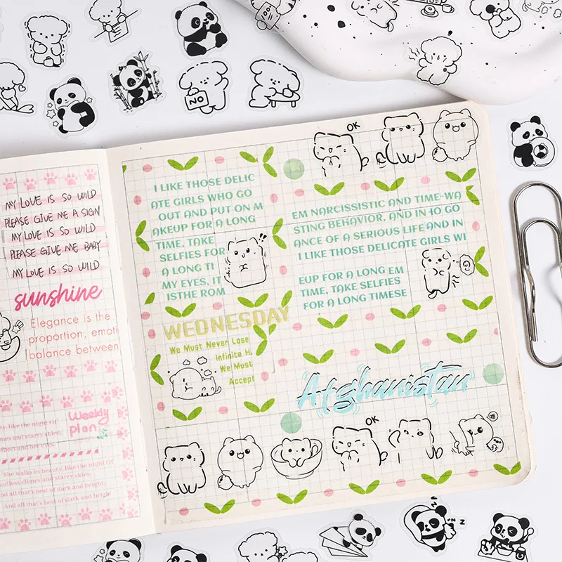 Mr.ペーパー、6スタイル、50枚/袋、PET漫画動物ステッカーバッグ、透明シンプルな描画動物ステッカーDIY電話ケース日記