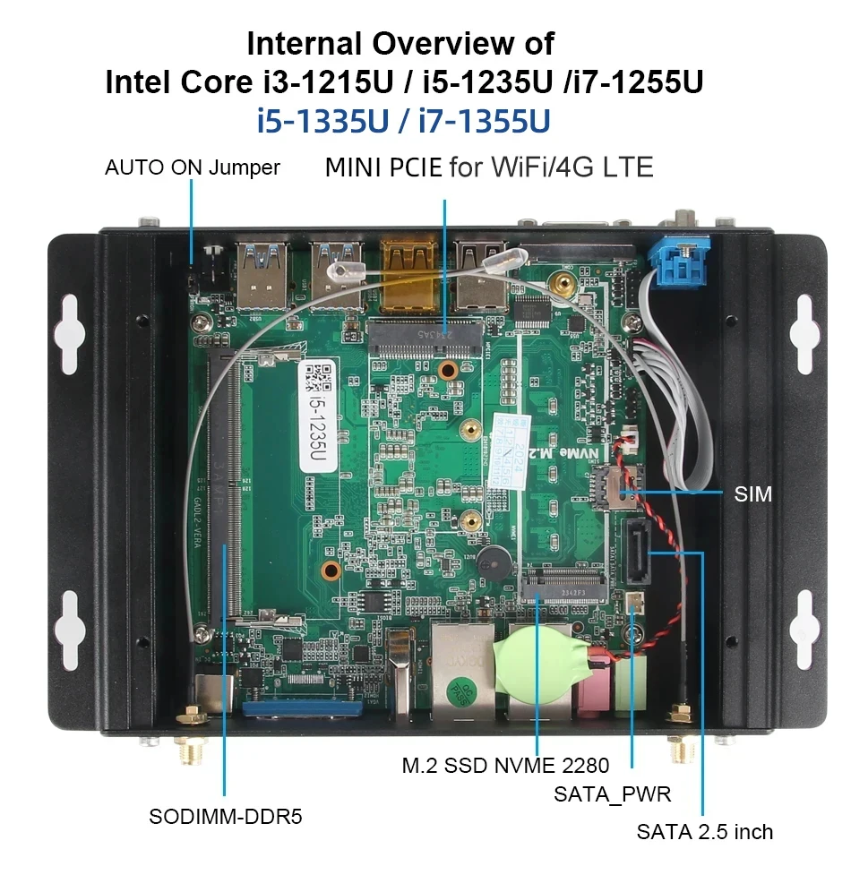 XCY Mini PC industrial IoT sin ventilador Intel Core i5-1335U 2x COM RS232 2x LAN 8x USB WiFi SIM 4G LTE Windows 10/11 Linux PXE WOL