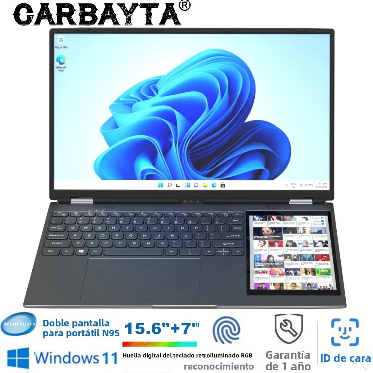 CARBAYTA 15,6 "+ 7" portátil de doble pantalla Intel N95 32GB 16GB DDR4 RGB teclado retroiluminado ordenador portátil 7 "pantalla táctil