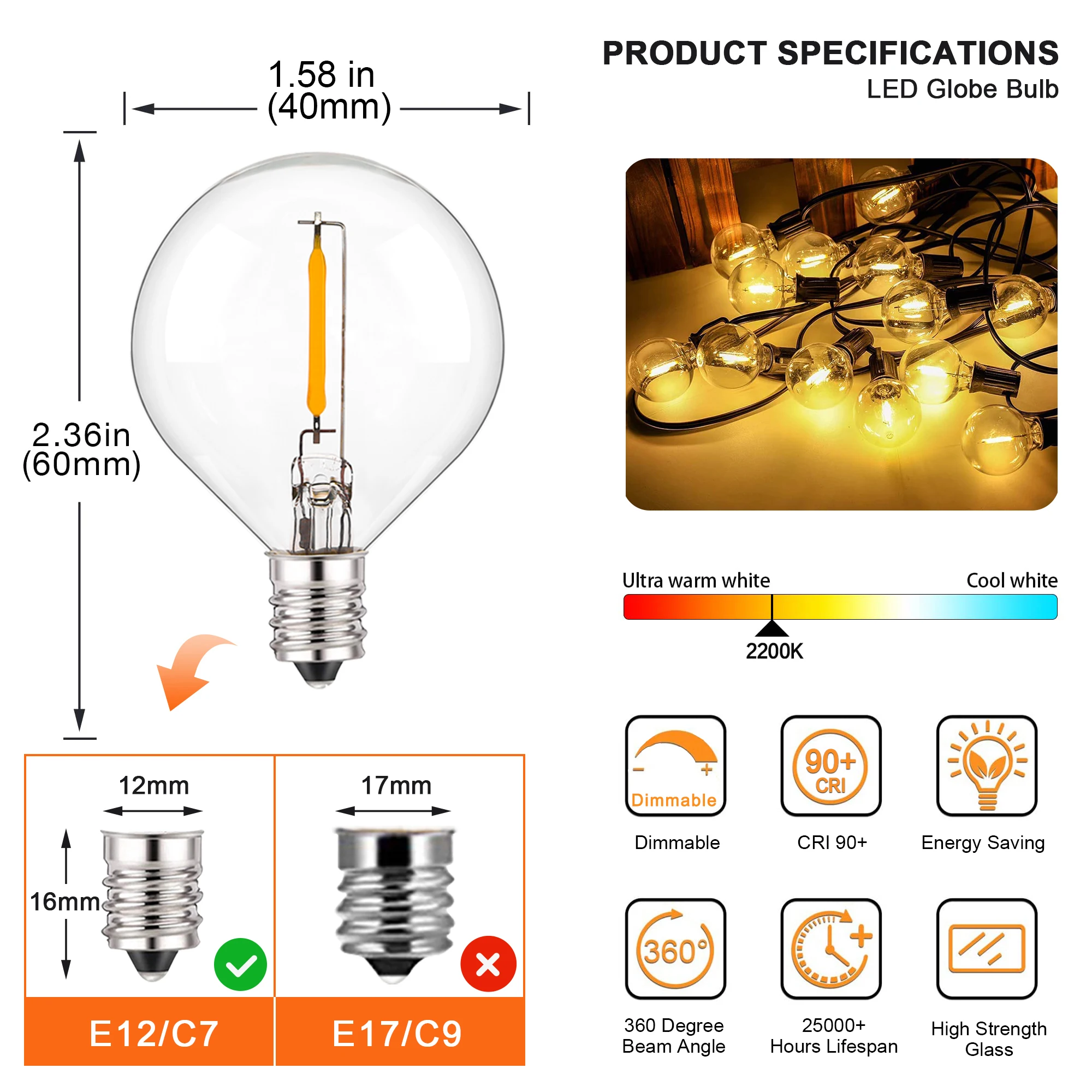 50PCS G40 LED String Light Lampadine di ricambio E12 220V 110V Globo Lampadina Bianco caldo 2200K 10W Equivalente Decorazione per interni ed esterni
