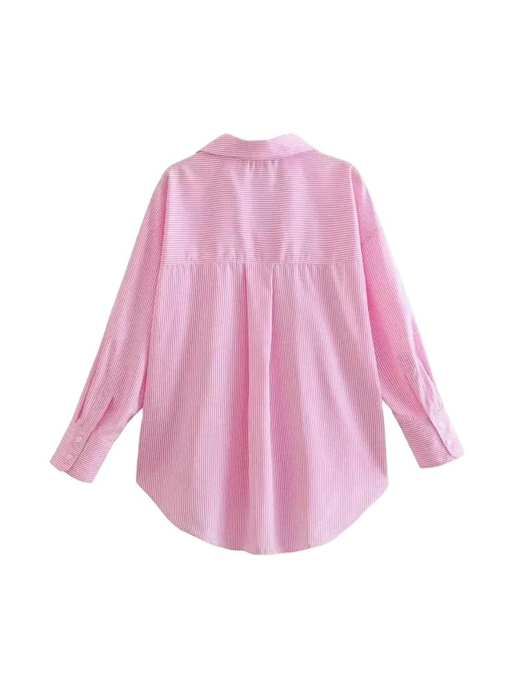 Gestreepte losse shirts met zak voor dames, lange mouwen, blouses met knopen, chique tops, damesmode