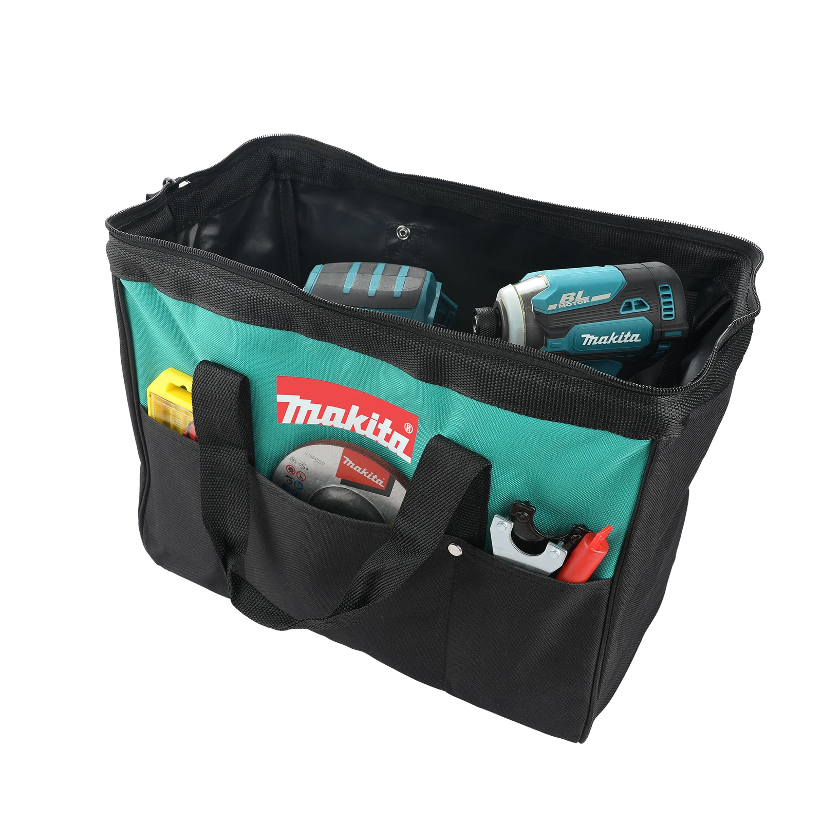 Makita DGA404 angle grinder tool kit, brushless motor, for metal processing, with ergonomic handle and portable transport bag