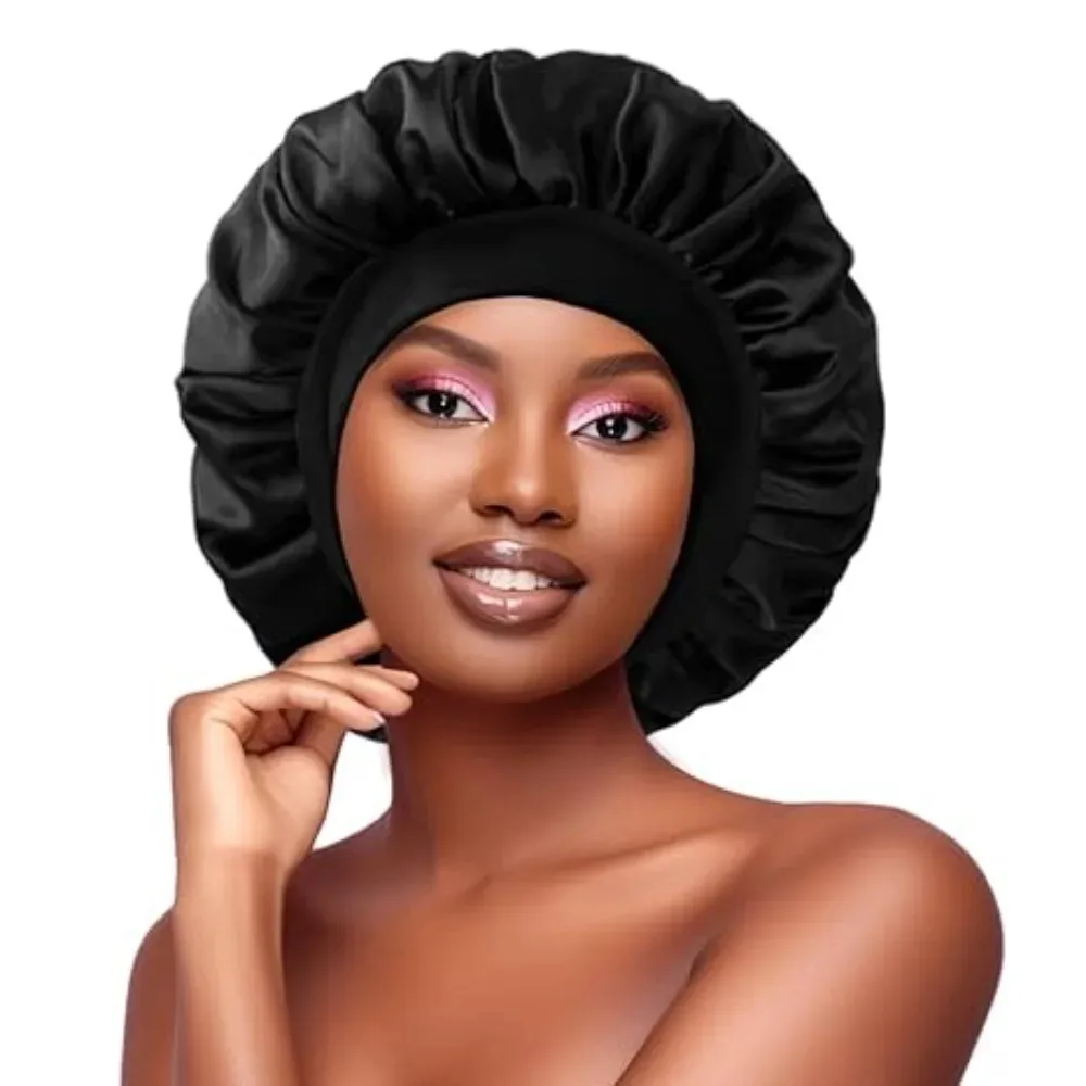 Bonnet de cetim monocromático para mulheres, envoltório de cabelo, elástico, laço estreito, borda, touca de banho, dormindo, cuidados com os cabelos