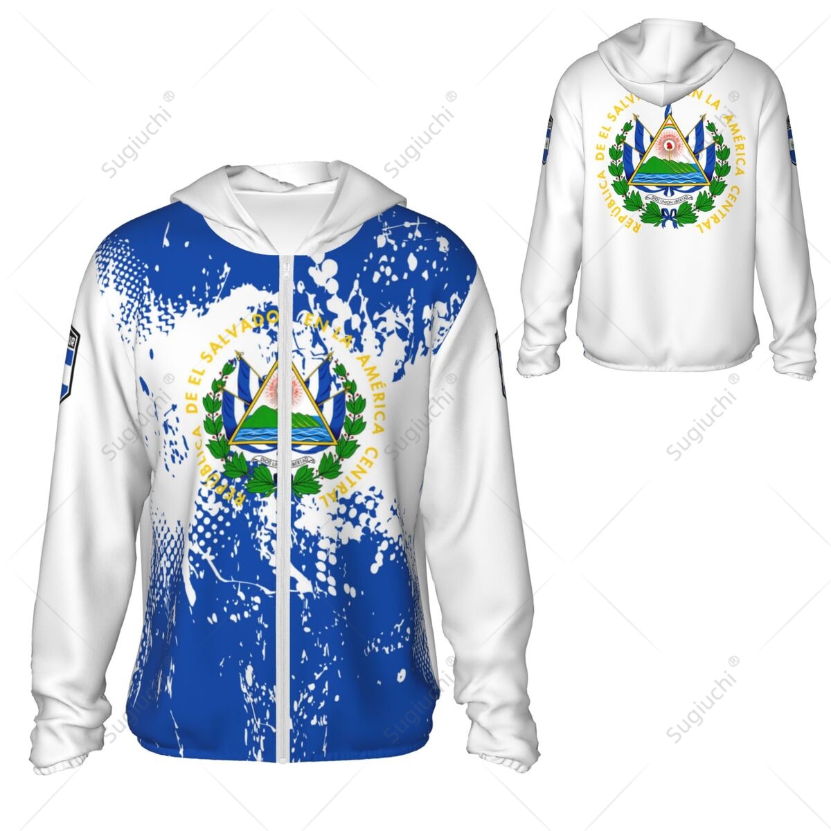 El Salvador Flagge Sonnenschutz Hoodie Sonnenschutz Kleidung Angeln Radfahren Laufen schnell trocknen Langarm mit Reiß verschluss Polyester