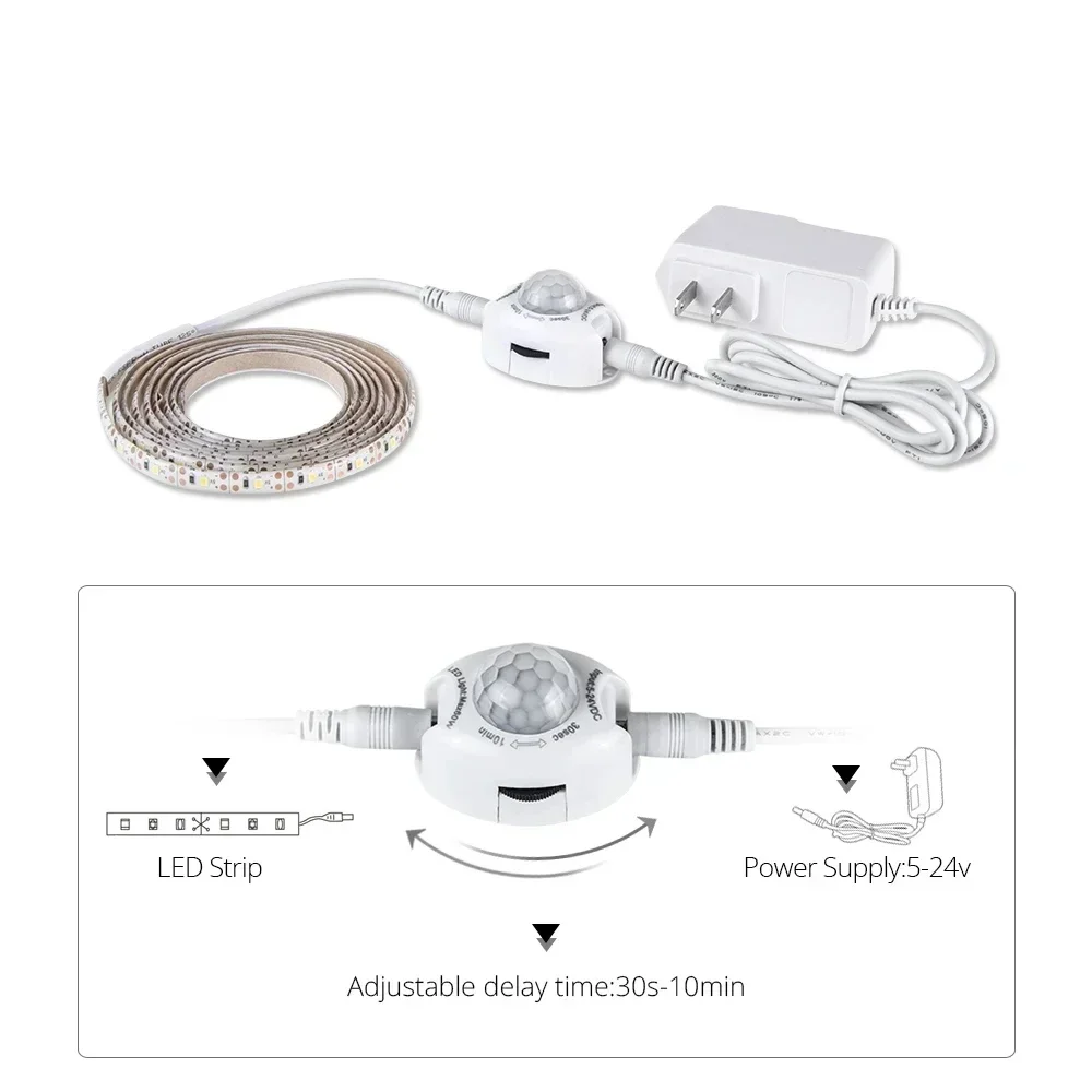 DC12V LED Sensor Light Strip with US EU Power Adapter Dark Sensor Cabinet Light Strip Kitchen Light Bedside Night Lights