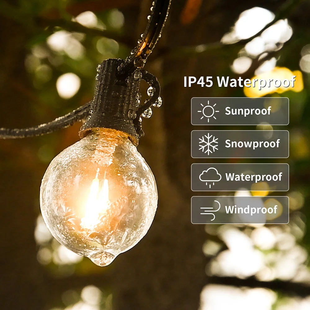 หลอดไฟประดับแบบสาย G40ลูกโลก LED 14ม. 15ม. 18ม. 26ม. ไฟตกแต่งวันคริสต์มาสลาน IP45สำหรับจัดงานแต่งงานในสวนกลางแจ้ง