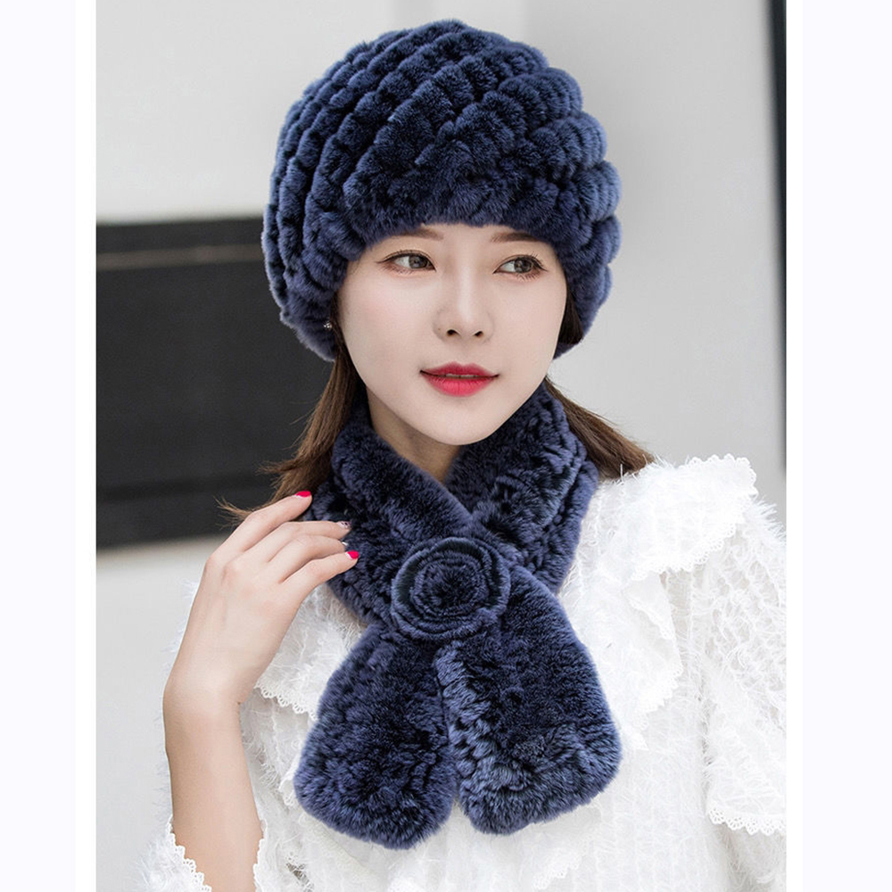Hot Koop Vrouwen Winter Echt Konijnenbont Hoed Sjaal Sets Natuurlijke Rbbit Bont Hoed Sjaals Lady Warm Echt Konijnenbont cap Uitlaat 2 Stuk