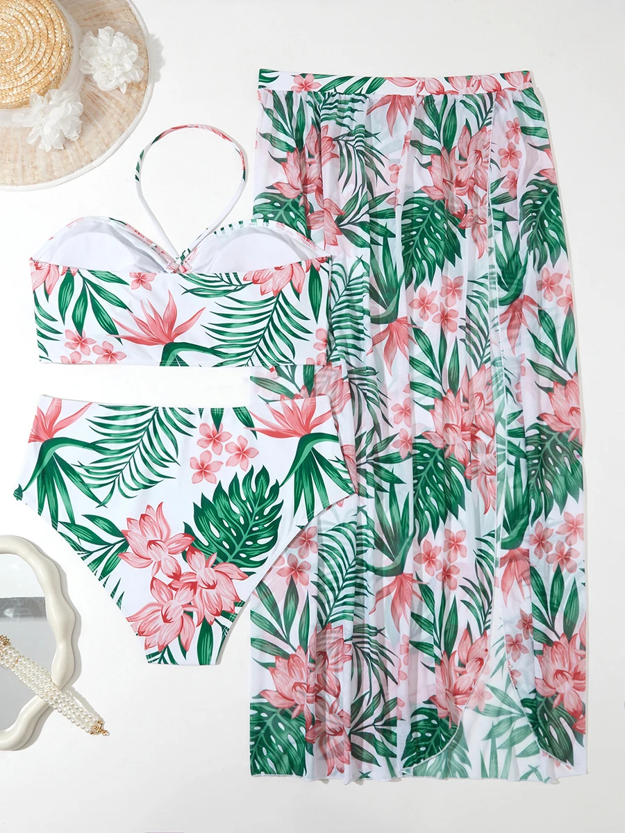 2024 große Plus Größe Halter Bikini Langen Rock 3 Stück Hohe Taille Badeanzug Frauen Bademode Weiblichen Badeanzug Bademode Schwimmen