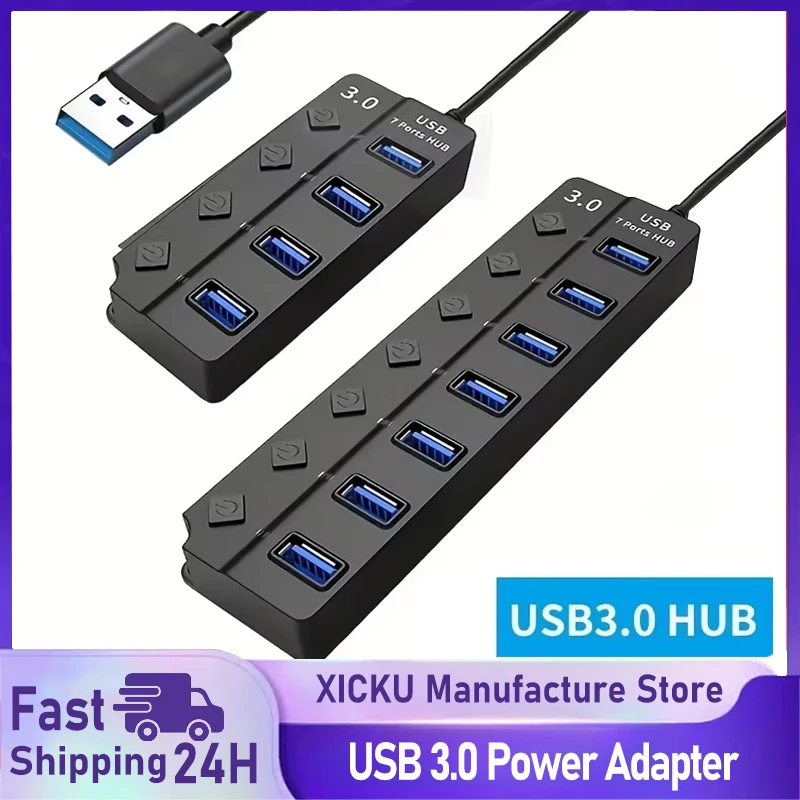 4/7-Port USB 3.0 Hub mit LED-Anzeige, unabhängige Schaltersteuerung für Laptop-Flash-Laufwerk, Festplatte, Drucker, Kameratasche