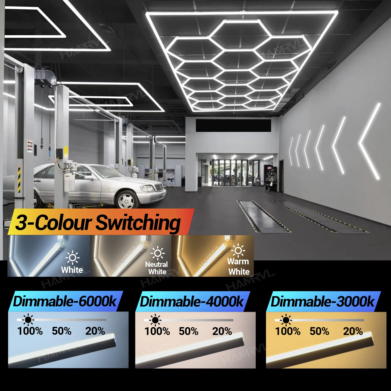 Lampada da garage Dimmerabile Esagono Illuminazione a LED Cambia colore 3000K4000K6000KGym Barbiere Negozio di lavoro Tubo Plafoniera a nido d'ape Riparazione auto