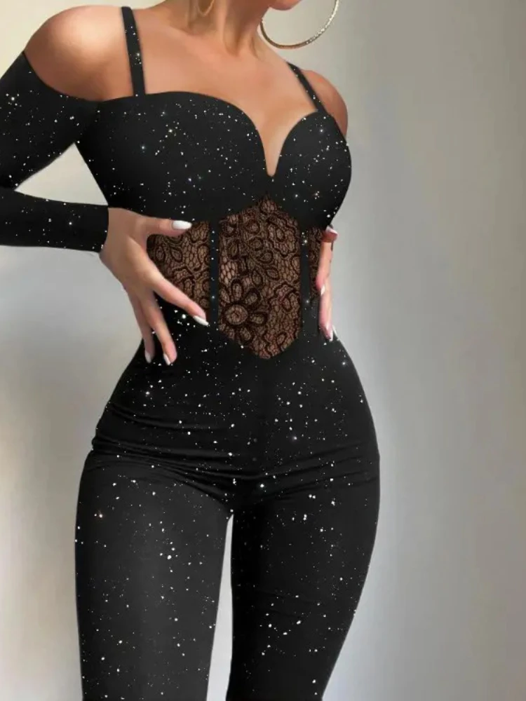 Overalls Frauen Ein Stück Sexy Schlank Bodycon Overalls Spitze Aushöhlen Frühling Lange Hosen Hohe Taille Strampler 2025, Y2k Streetwear