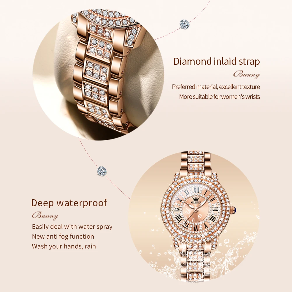OLEVS Original นาฬิกาเพชรสําหรับผู้หญิงแฟชั่น Elegant สแตนเลสกันน้ํานาฬิกาข้อมือควอตซ์หรูหราสุภาพสตรีนาฬิกา